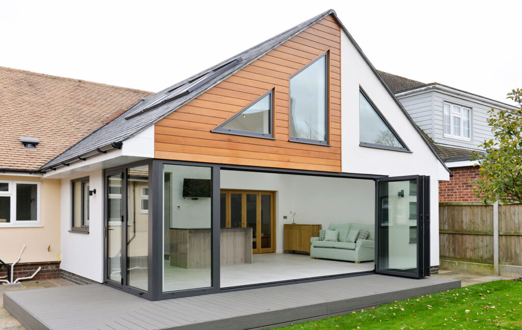 Bifolding Aluminium doors with rooflights and bespoke windows for bungalow extension in Essex