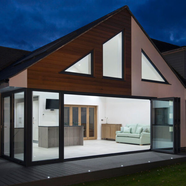 Bifolding Aluminium doors with rooflights and bespoke windows for bungalow extension in essex