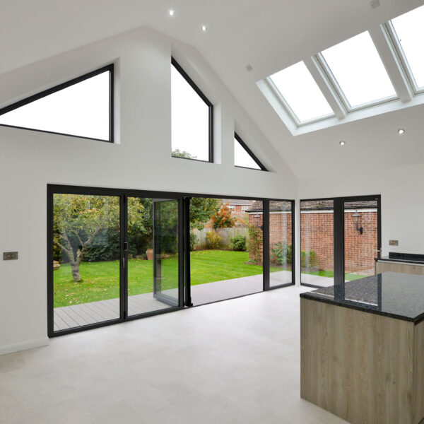 Bifolding Aluminium doors with rooflights and bespoke windows for bungalow extension in essex