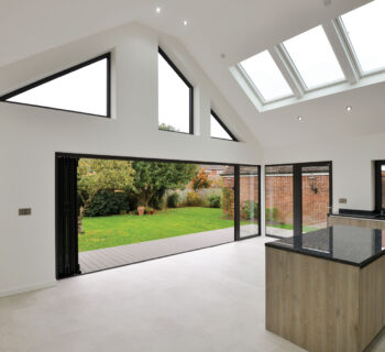 Bifolding Aluminium doors with rooflights and bespoke windows for bungalow extension in essexLIDING DOORS AND BESPOKE WINDOWS FOR EXTENSION