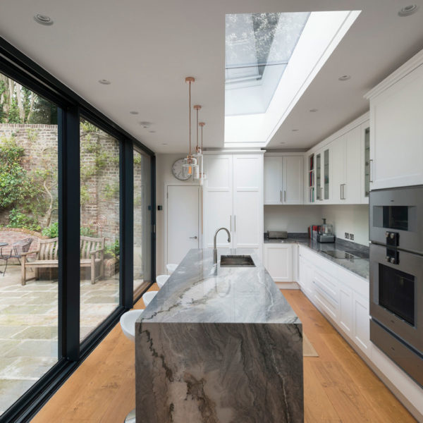 Cero slimline aluminium sliding doors, fixed windows and rooflights for extension in London
