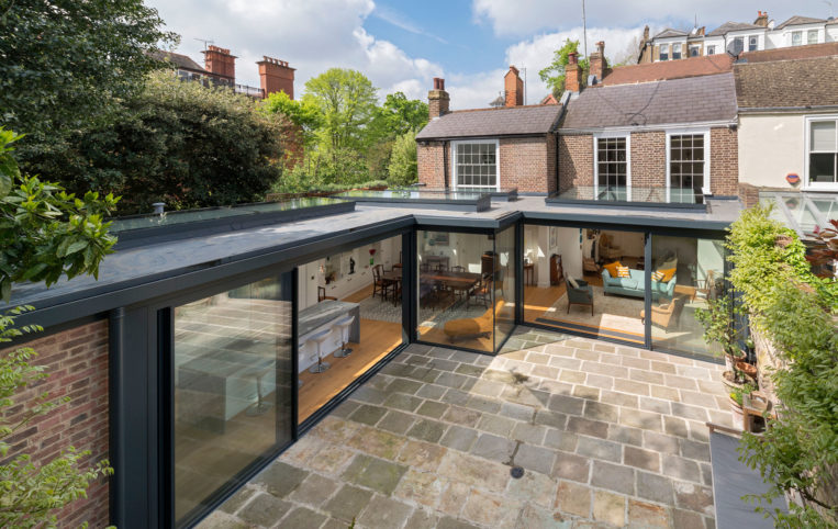 Cero slimline aluminium sliding doors, fixed windows and rooflights for extension in London from ODC, the glazing supply company