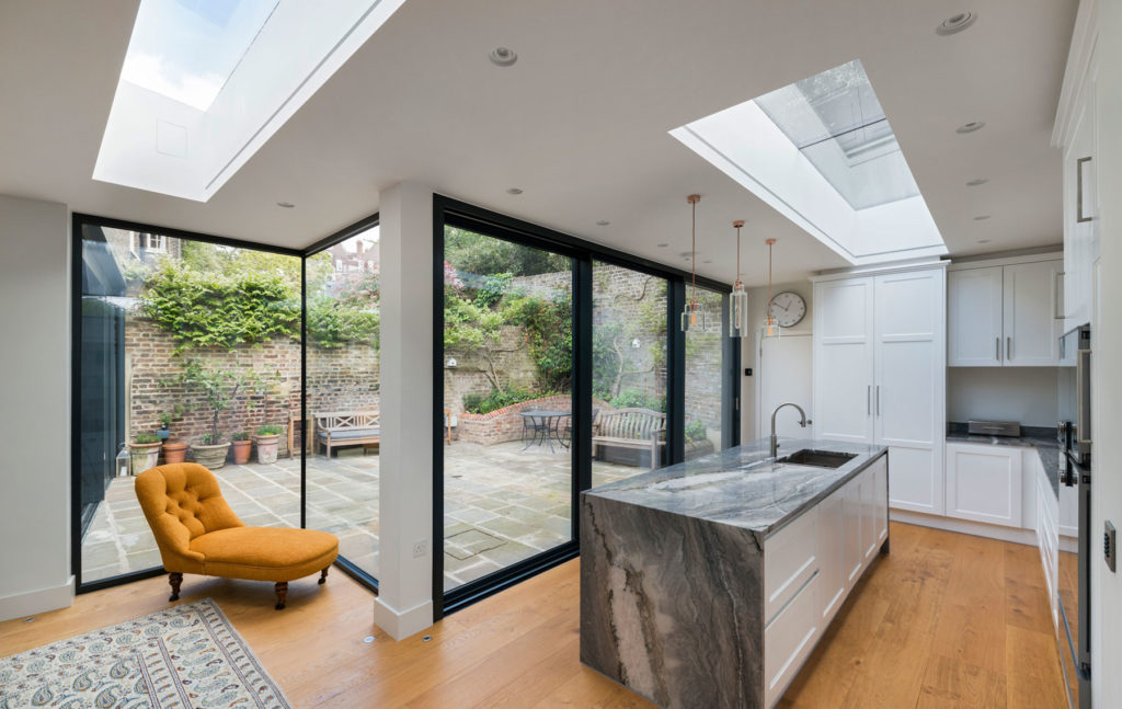 SL800 slimline aluminium sliding doors, fixed windows and rooflights for extension in London