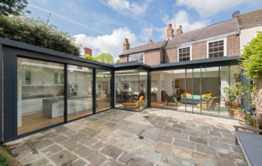 SL800 slimline aluminium sliding doors, fixed windows and rooflights for extension in London