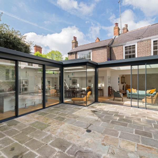 SL800 slimline aluminium sliding doors, fixed windows and rooflights for extension in London