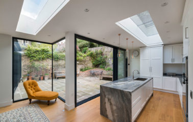 SL800 slimline aluminium sliding doors, fixed windows and rooflights for extension in London