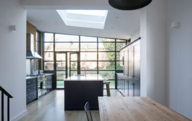 View from the inside of aluminium french doors - Crittall style