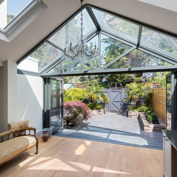 Aluminium wintergarden with bifolding doors and rooflights in Chiswick