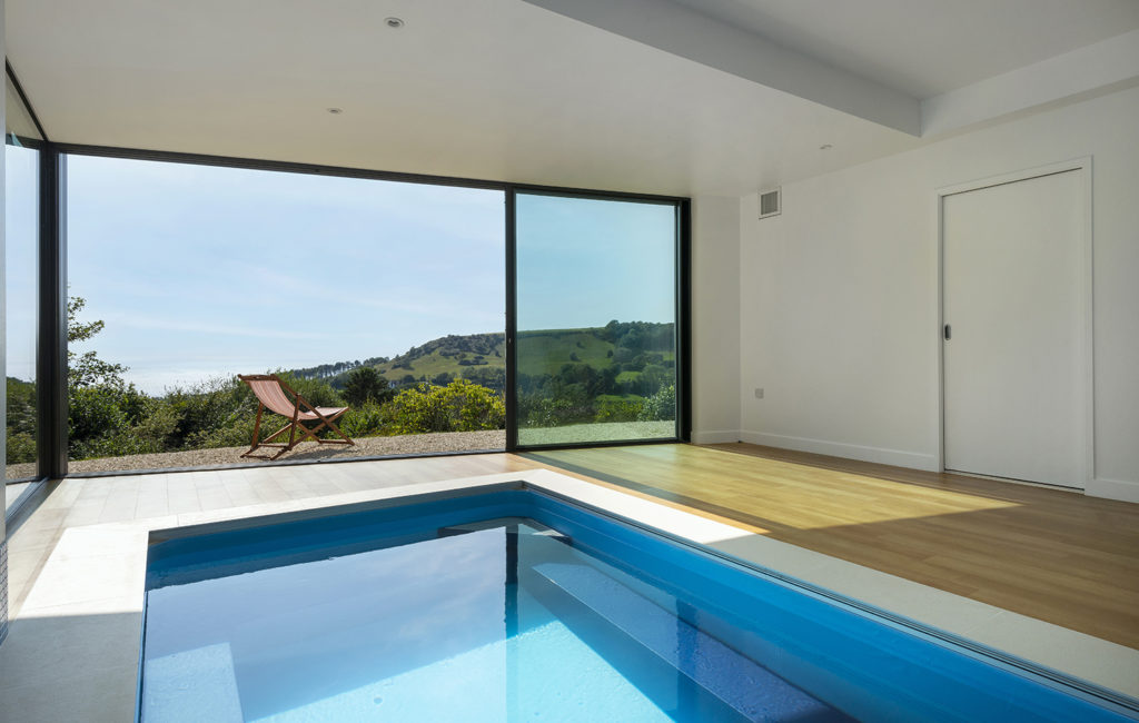 Pool room with black frame sliding doors define the veiw