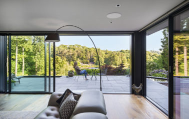 Inside-out view of minimal frame sliding glass doors