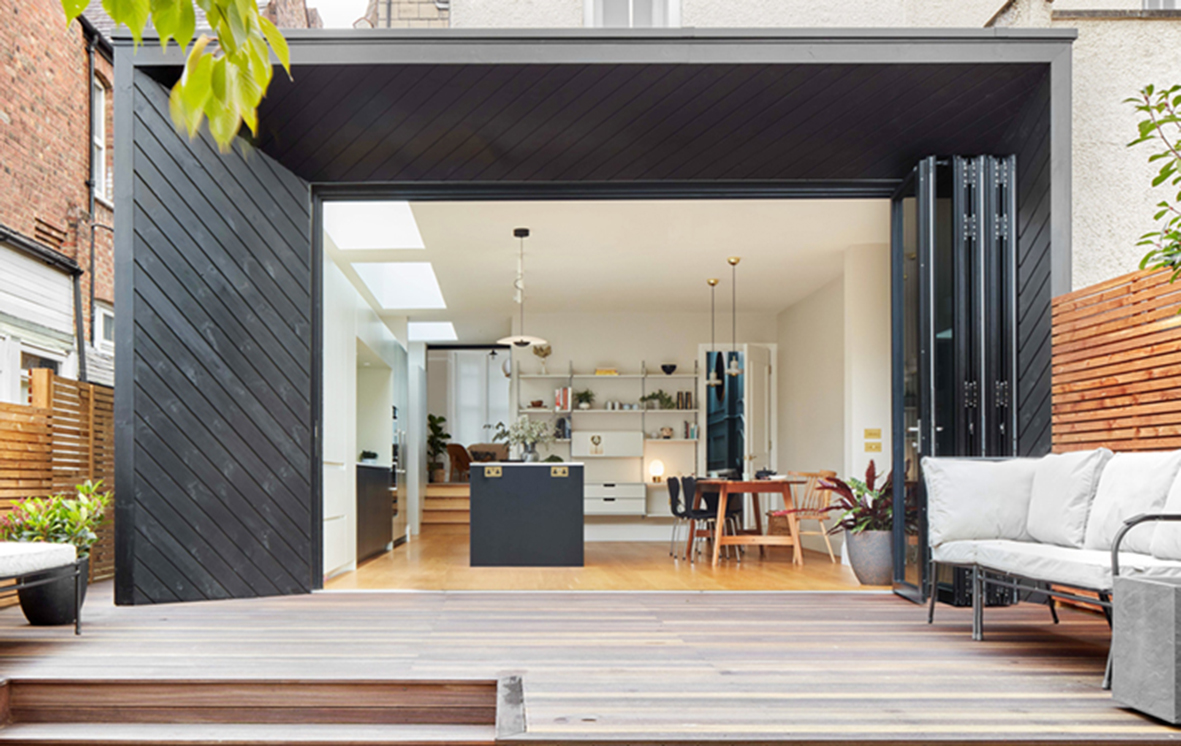 Bifold doors open to outdoor space