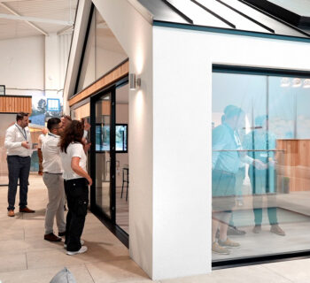 Glass showroom features sliding door designs